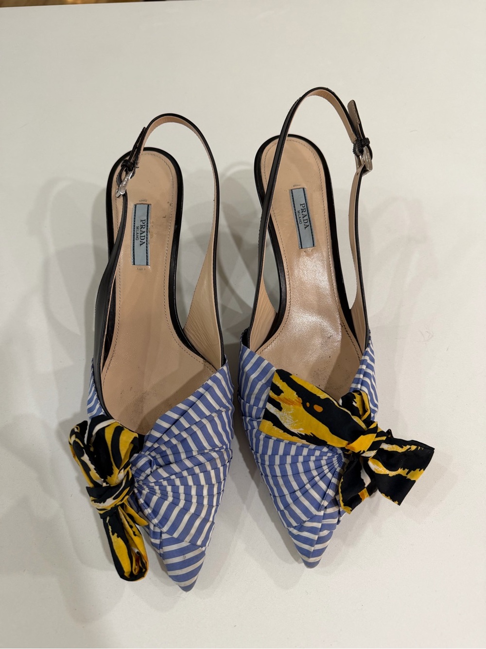 Prada Blue and White Striped Slingback Bow Mules